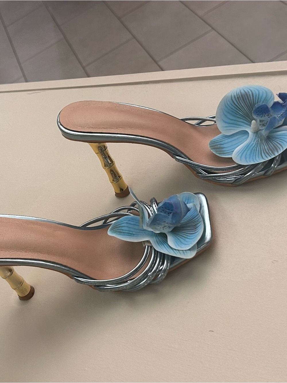 Blue Floral Slip-On Heeled Mules with Decorative Orchid Accent 39/8-8.5 - Picture 5 of 7